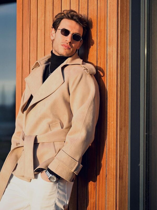 Kahverengi Süet Kemerli Vegan Kısa Trençkot